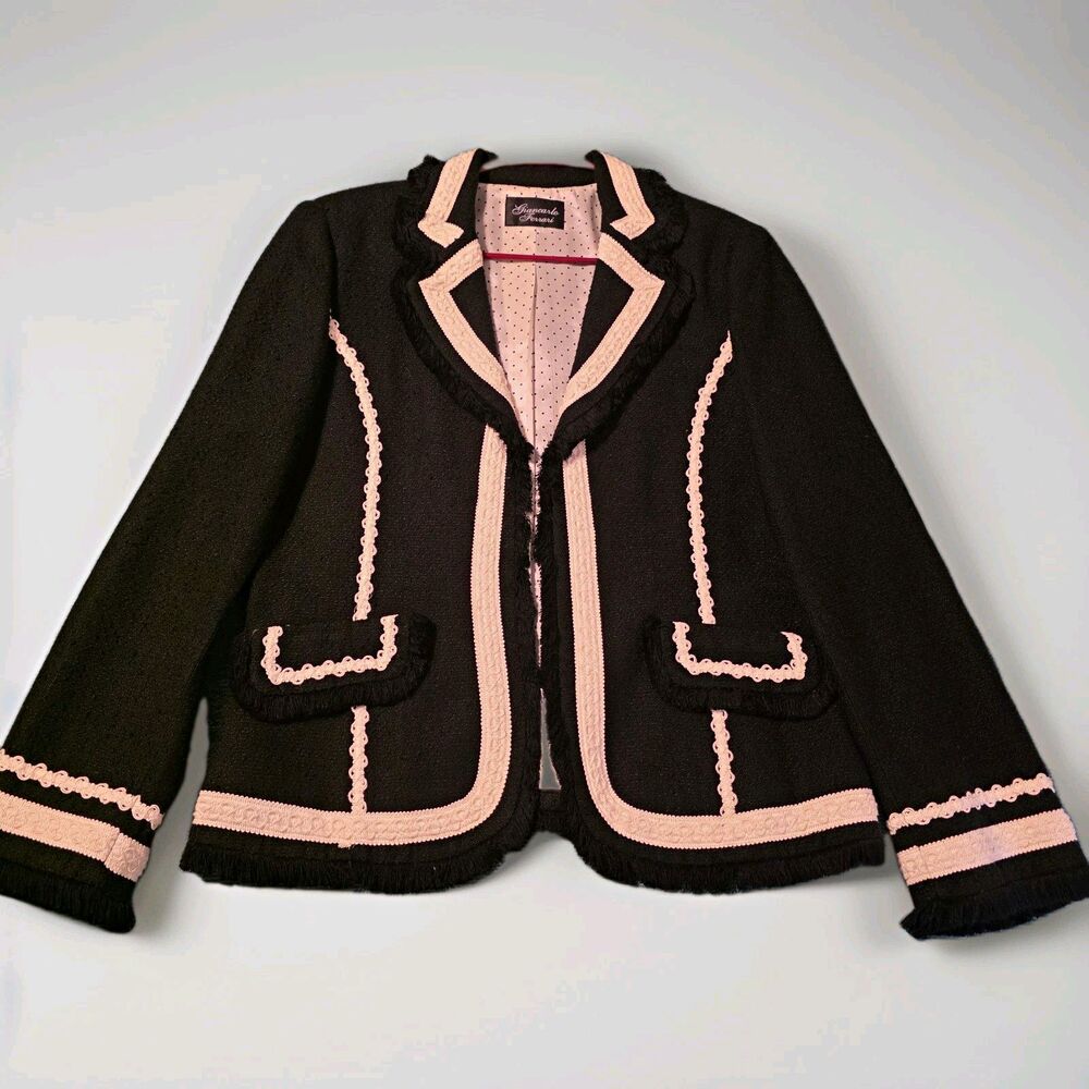 Giancarlo Ferrari Black Jacket Pink Trim Polka Dot Lined Hook & Eye Size 14